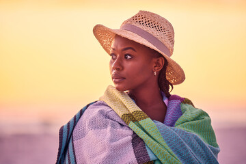 Thinking, sunset or black woman at beach on holiday to relax on vacation or break in hat or Greece....