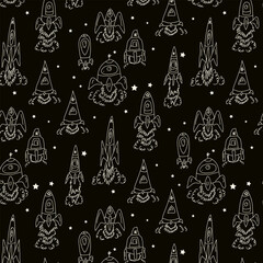 Rocket pattern in space. Space theme. Vector illustration. For print.