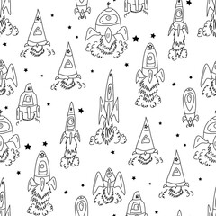 Rocket pattern in space. Space theme. Vector illustration. For print.