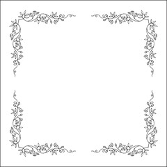 Black and white vegetal ornamental frame with leaves and flowers, decorative border, corners for greeting cards, banners, business cards, invitations, menus. Isolated vector illustration.	
