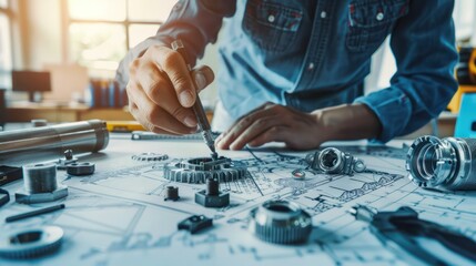 A Close-up view of engineers and technicians designing and engineering mechanical parts. Industrial engine factory, blueprints, bearing measurement, calipers, tools, industrial background.