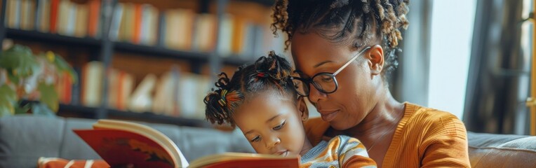 Serene Moment: Mother Engrossed in Reading Book with Child by Her Side