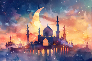 Watercolor illustration of a crescent moon and star above a tranquil mosque with minarets, surrounded by soft evening colors and a festive atmosphere Eid al-Adha