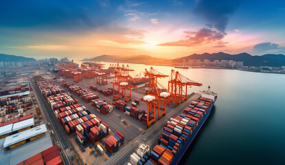 Aerial View of a Bustling Container Terminal - obrazy, fototapety, plakaty