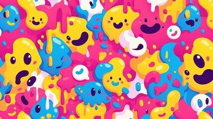 Experience the whimsical delight of a vibrant psychedelic pattern featuring a melting smiling and colorful cartoon face This retro inspired design exudes a playful charm with its dr - obrazy, fototapety, plakaty