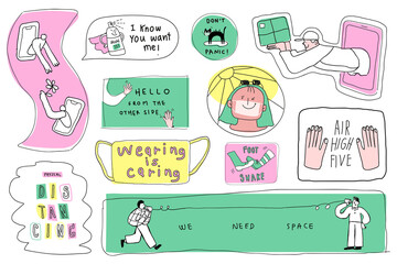 Obraz premium COVID-19 new normal lifestyle png cute doodle sticker collection