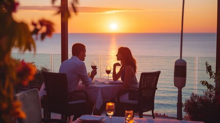 romantic dinner for a couple in love in a restaurant on the terrace with a beautiful view of the sea at sunset. man and woman on honeymoon date