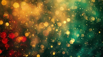Poster Abstract blur bokeh banner background. Gold bokeh on defocused emerald green and red background © Otseira