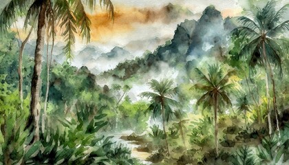 Watercolor pattern wallpaper. Painting of a jungle landscape.