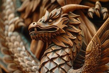 Detailed photo of a wooden Basilisk with a menacing gaze and intricate serpentine details AI Image - obrazy, fototapety, plakaty