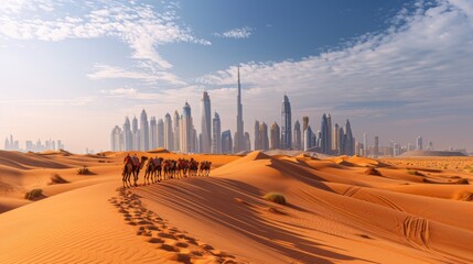 caravan of camels is walking in desert in background of skyscrapers of city of Dubai