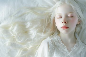 Ethereal Albino Girl with Striking White Hair Lying Peacefully, Dreamlike Purity