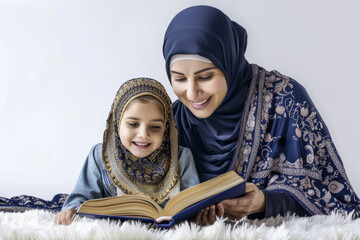 Muslim mother in hijab and covered child girls reading, warm family moment, cultural richness, Isolated, white background