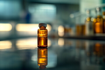 "Clinical Clarity: Bottle Amidst Lab Tools".A striking visual of a bottle alongside lab equipment, showcasing the clear and controlled atmosphere of scientific research.