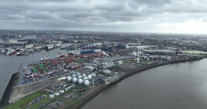 Aerial view of the Port of Hamburg (Hamburger Hafen) in daytime in Hamburg city in northern Germany