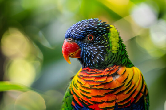 A vibrant and exotic lorikeet with its multicolored feathers.