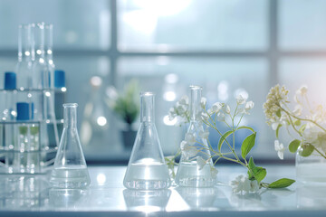 "EcoLab: Instruments with a Natural Touch".Laboratory glassware and tools arranged in an eco-conscious setting, showcasing the intersection of science and sustainability.