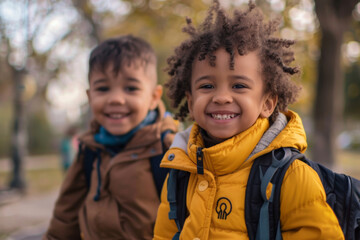 Two joyful young mix raced boys with backpacks in autumn park, radiating happiness and friendship, back to school and educational themes