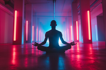 Man meditating indoors with neon light
