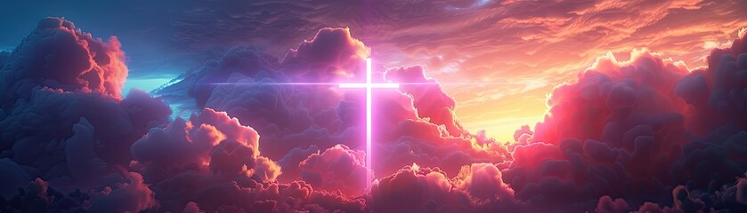 Illuminated cross with dramatic clouds and lighting effects - obrazy, fototapety, plakaty