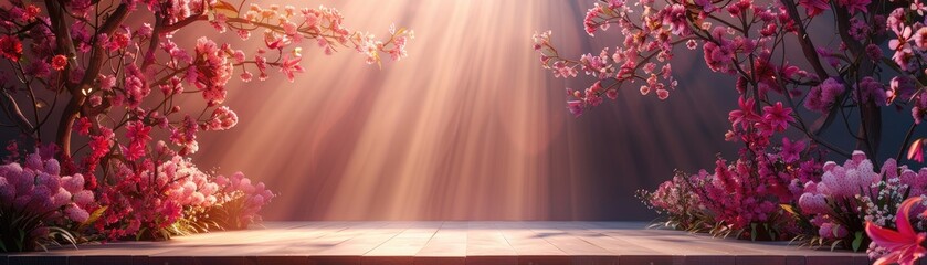 Illuminated stage surrounded by blooming flowers and springtime warmth