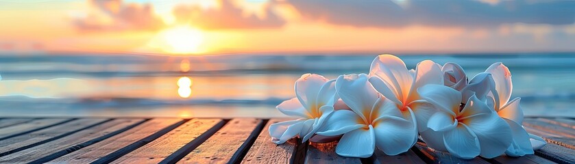 Plumeria flowers bask in the warm glow of sunset on a beachside wooden deck