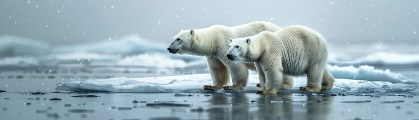 Fototapeta premium Polar bears and melting ice in a fantasy arctic planet scene