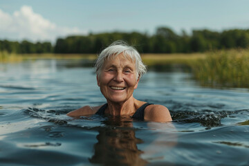 Fototapeta premium Joyful Senior Woman Enjoying Lake Swim