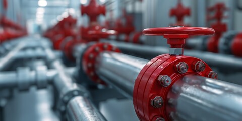 Industrial Pipelines with Red Valves in Factory
