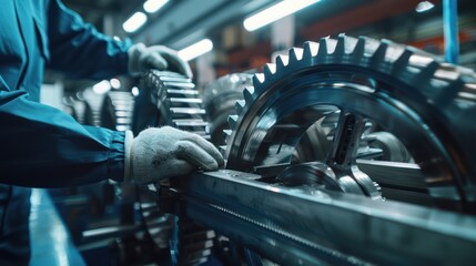 A Portrait of Engineer inspects engine gear wheel, industrial background.