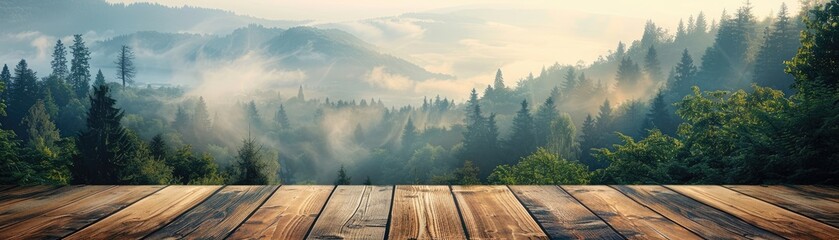 Wooden table with a view of a misty forest landscape