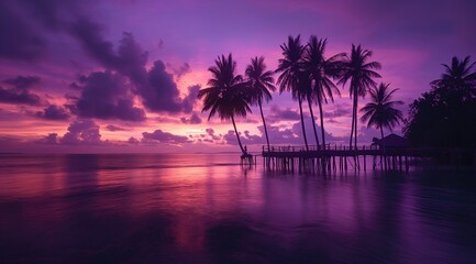 Obraz premium Serene Tropical Sunset Over Ocean with Silhouetted Palm Trees