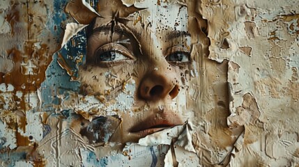 Old wall art design, abandoned old wrinkled, torn torn poster background. The remains of a torn poster with a woman's face on the wall and oil paint on the wall.