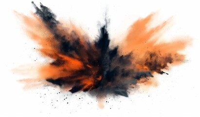 Abstract Explosion with Orange and Black Powder Burst on White Background
