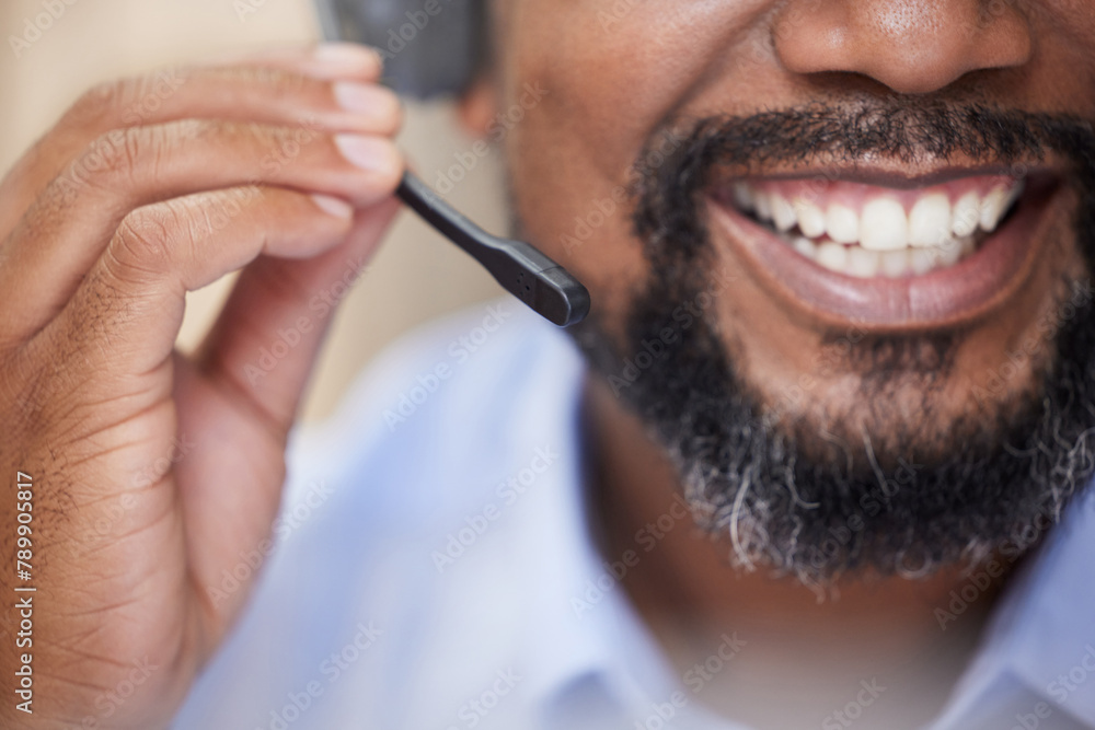 Poster Call center, mouth and headphones of a man with a smile. from telemarketing and customer service. Web help, working and crm of a sales agent with conversation and happy from consulting call in office