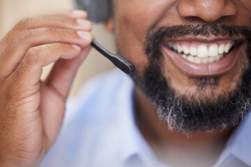 Call center, mouth and headphones of a man with a smile. from telemarketing and customer service....