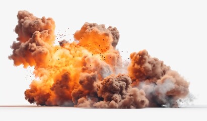 Dramatic Explosion with Fiery Orange Flames and Thick Smoke on White Background
