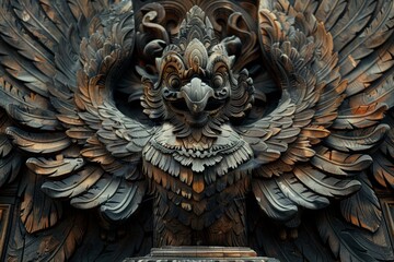 Garuda wooden sculpture featuring powerful wings and fierce expression AI Image - obrazy, fototapety, plakaty