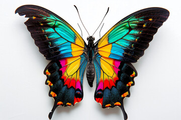 A vibrant butterfly emblem, its multicolored wings capturing the imagination, set against a clean...