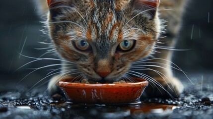 A cat is eating from a bowl in the rain