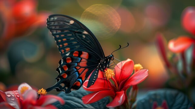 A black and red butterfly on a red flower.