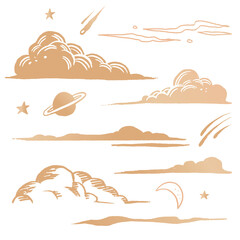 Golden png clouds galactic doodle stickers