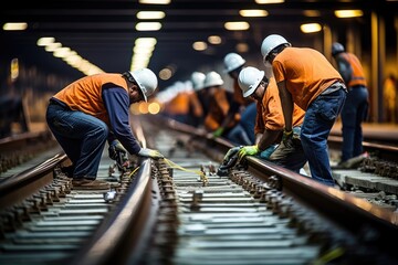 Rail Alignment: Precision shot of workers aligning subway rails.