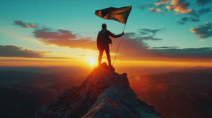 Silhouette of a hiker with a flag standing on a mountaintop, celebrating conquest..