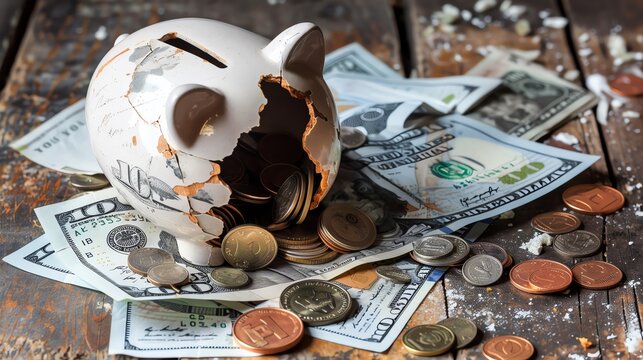A conceptual photo a cracked piggy bank with spilled coins lies on a crumpled US dollar bill, signifying financial loss in a market crash