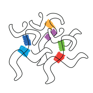 
Running race, jogging, line art stylized.
 Stylized illustration of three running racers. Continuous line drawing design. Isolated on white background. Vector available.	