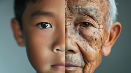 The face is divided into two halves - half of an Asian boy and half of an old Asian man. Distinguishing childhood and old age, aging, maturation, longevity, lifespan, aging, gerontology.