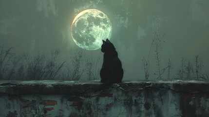cat against the background of the moon - obrazy, fototapety, plakaty