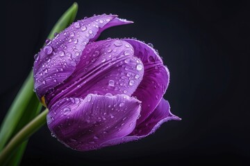 fresh purple tulip flower on black background in studio shoot macro mode 