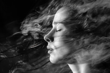 Monochrome Artistic Shot of a Peaceful Woman with Hair Flowing Like Smoke in the Wind
